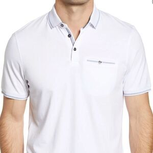 Ted Baker 6/XL White Blue Short Sleeve Cotton Blend Lightweight Polo